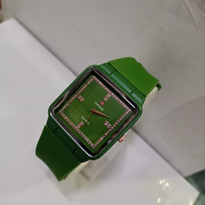 Green Melada Quartz Watch With Square Crystal Studded Dial Providing Durable Quality Stylish Appearance