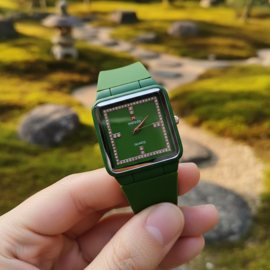 Green Melada Quartz Watch With Square Crystal Studded Dial Providing Durable Quality Stylish Appearance